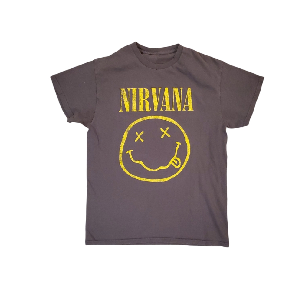 Nirvana Adult Grey Yellow Smiley Band Merch Vintage T-Shirt Medium